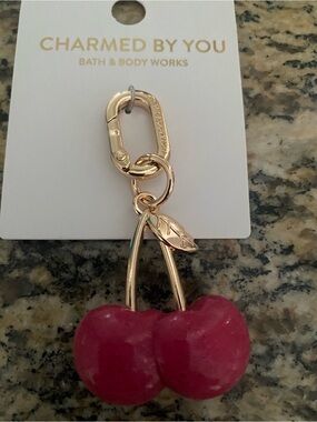 Bath & Body Works reddish Pink Cherry Charm Keychain with Gold Hardware NWT